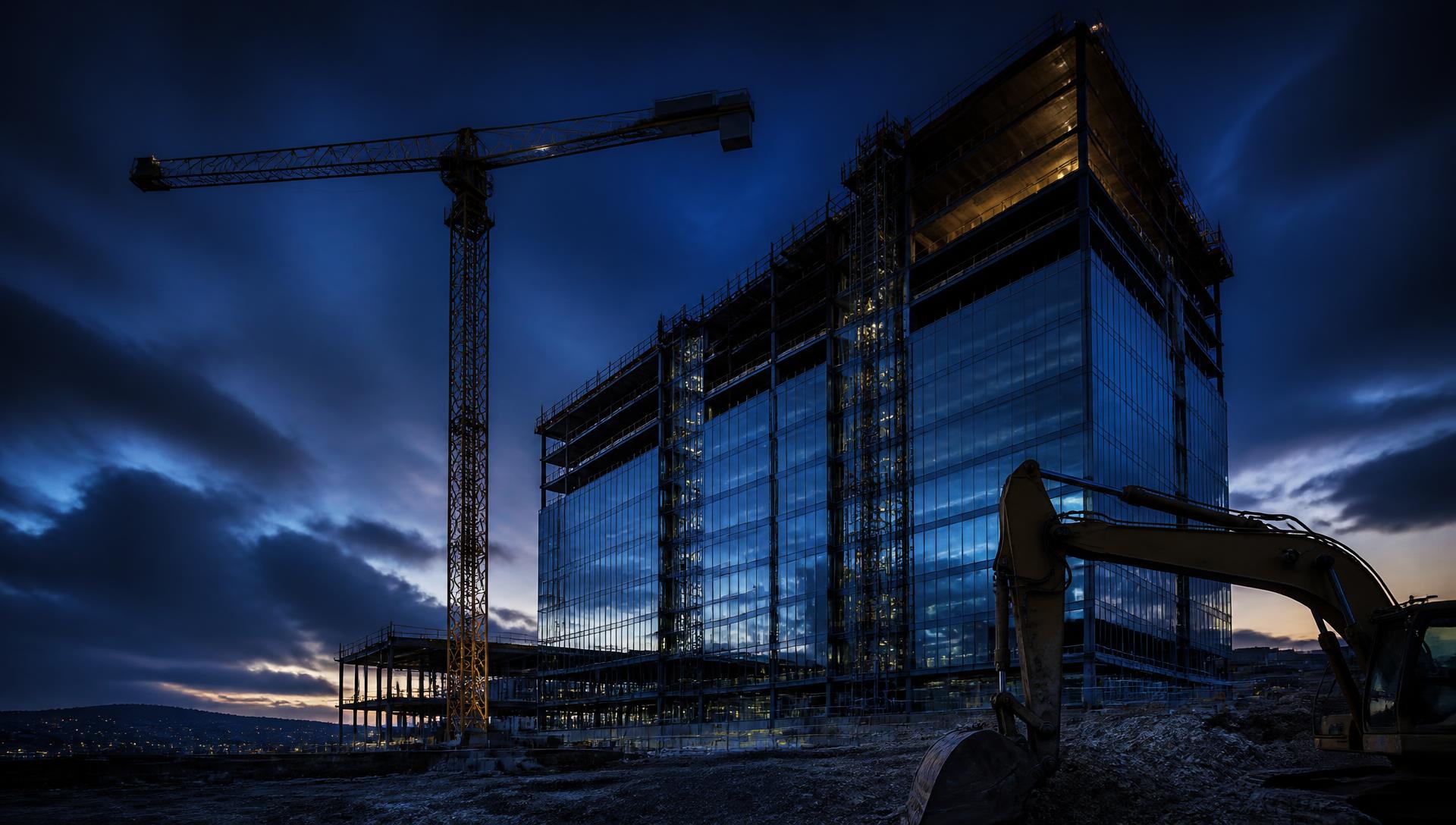 Commercial high-rise under construction at dusk with a tower crane and excavator on site