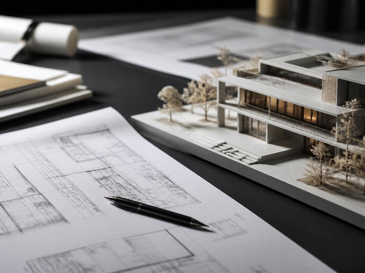 Architectural drawings and a scale building model on a dark studio table